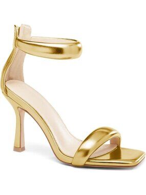 Women's Champagne Gold One Strap Sandals Square Toe Stiletto Heels Casual Shoes